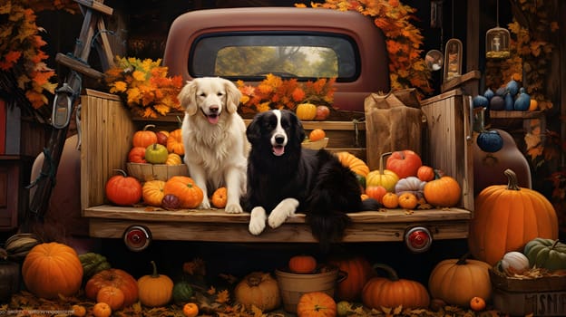 Two dogs on a pickup trailer, pumpkins and autumn leaves all around. Pumpkin as a dish of thanksgiving for the harvest. An atmosphere of joy and celebration.