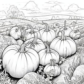 Black and White coloring book pumpkins in the field. Pumpkin as a dish of thanksgiving for the harvest, picture on a white isolated background. An atmosphere of joy and celebration.