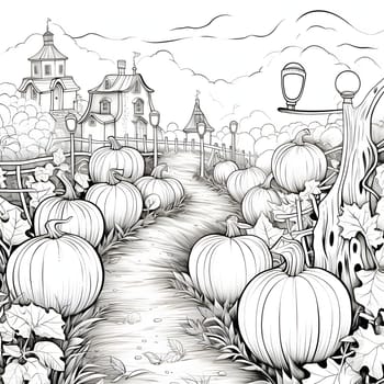 Black and white coloring book path to the mansion next to it pumpkins and leaves. Pumpkin as a dish of thanksgiving for the harvest, picture on a white isolated background. An atmosphere of joy and celebration.