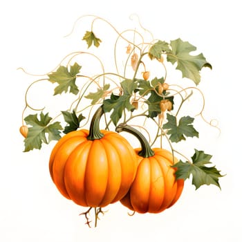Pumpkins and leaves. Pumpkin as a dish of thanksgiving for the harvest, picture on a white isolated background. Atmosphere of joy and celebration.
