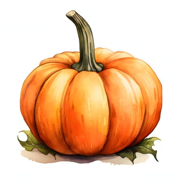 Illustration of a pumpkin with two leaves on a bright isolated background. Pumpkin as a dish of thanksgiving for the harvest. An atmosphere of joy and celebration.