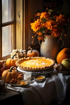Pumpkin cake on a wooden table top around pumpkins in the back a window and flowers. Pumpkin as a dish of thanksgiving for the harvest. An atmosphere of joy and celebration.