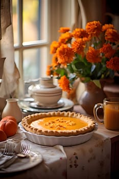 Pumpkin cake on a wooden table top around pumpkins in the back a window and flowers. Pumpkin as a dish of thanksgiving for the harvest. An atmosphere of joy and celebration.