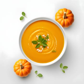 Top view of a bowl with pumpkin soup and basil leaves. Pumpkin as a dish of thanksgiving for the harvest, picture on a white isolated background. Atmosphere of joy and celebration.