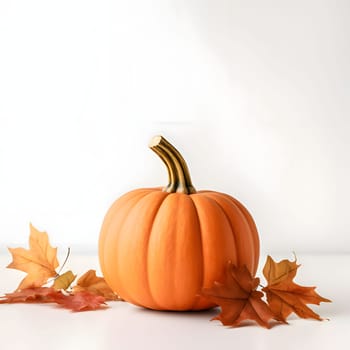 Pumpkin and dry maple leaves. Pumpkin as a dish of thanksgiving for the harvest, picture on a white isolated background. An atmosphere of joy and celebration.