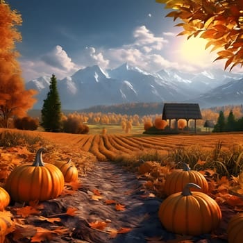 A view of a pumpkin field in autumn. Pumpkin as a dish of thanksgiving for the harvest. An atmosphere of joy and celebration.