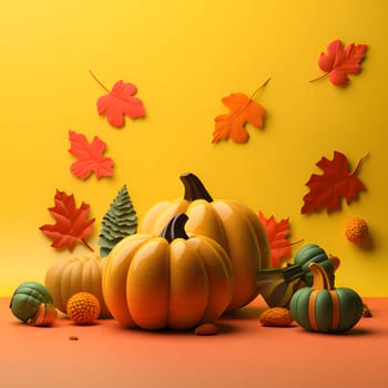 Pumpkins on a yellow background with stuck leaves. Pumpkin as a dish of thanksgiving for the harvest. An atmosphere of joy and celebration.