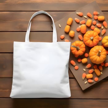 Top view of the white fabric bag due and tiny pumpkins on the kitchen board. Pumpkin as a dish of thanksgiving for the harvest. An atmosphere of joy and celebration.