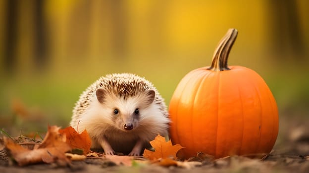 Hedgehog next to pumpkin on smudged background, Forest. Pumpkin as a dish of thanksgiving for the harvest. An atmosphere of joy and celebration.