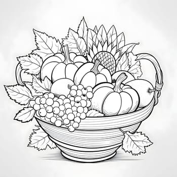 Black and White coloring book, basket full of vegetables and fruits pumpkins peppers, grape leaves. Pumpkin as a dish of thanksgiving for the harvest, picture on a white isolated background. An atmosphere of joy and celebration.