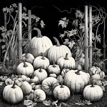 Black and white pumpkins and leaves. Pumpkin as a dish of thanksgiving for the harvest. An atmosphere of joy and celebration.