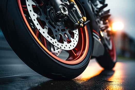 Close up shot of a tire of a motorcycle going on the road with a motion blur