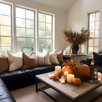 Elegant interior of the room, black couch, pillows, tiny, table with pumpkins and burning candles. Pumpkin as a dish of thanksgiving for the harvest. An atmosphere of joy and celebration.