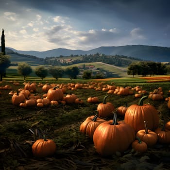 Photo of a pumpkin field at sunset or sunrise. Pumpkin as a dish of thanksgiving for the harvest. An atmosphere of joy and celebration.