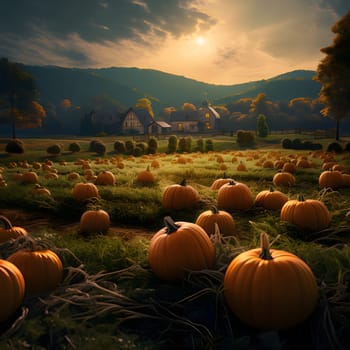 Photo of a pumpkin field at sunset or sunrise. Pumpkin as a dish of thanksgiving for the harvest. An atmosphere of joy and celebration.