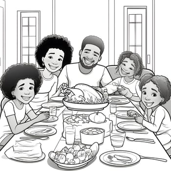 Black and White coloring card, family at the Thanksgiving Day table. Pumpkin as a dish of thanksgiving for the harvest, picture on a white isolated background. An atmosphere of joy and celebration.