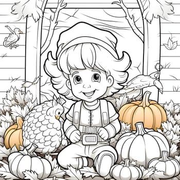 Black and White coloring sheet smiling boy with pumpkins and turkey. Pumpkin as a dish of thanksgiving for the harvest, picture on a white isolated background. An atmosphere of joy and celebration.