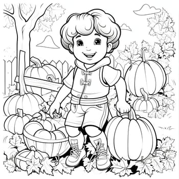 Black and white coloring sheet happy smiling boy with pumpkins. Pumpkin as a dish of thanksgiving for the harvest, picture on a white isolated background. An atmosphere of joy and celebration.