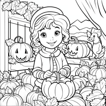 Black and white coloring card of a cheerful girl with a pumpkin. Pumpkin as a dish of thanksgiving for the harvest, picture on a white isolated background. An atmosphere of joy and celebration.