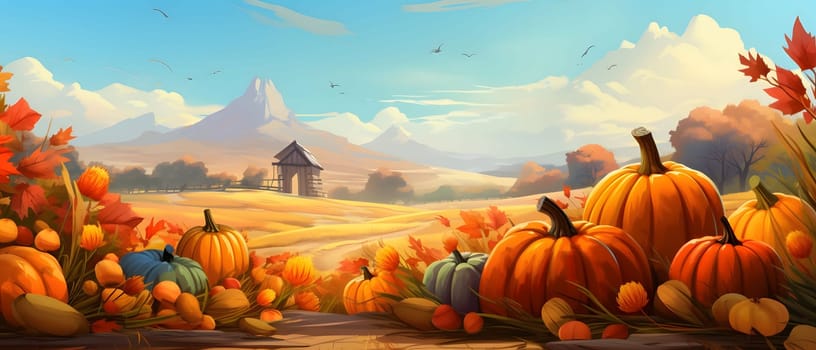 Illustration of pumpkins, leaves field and mountains in the background, banner with space for your own content. Blank space for caption.