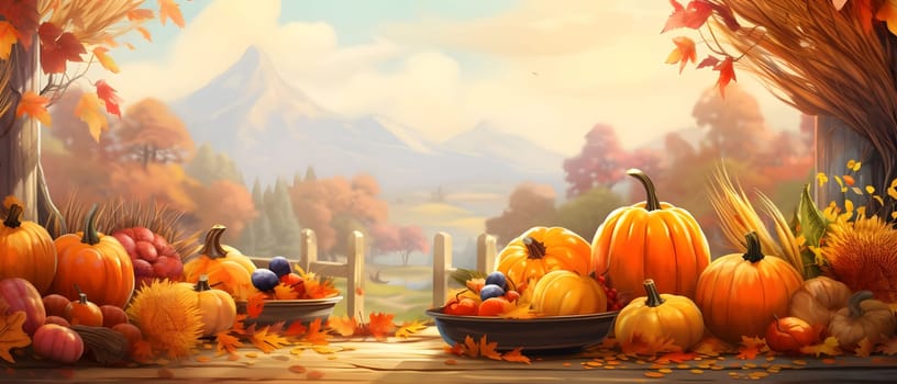 Illustration of pumpkins, leaves field and mountains in the background, banner with space for your own content. Blank space for caption.