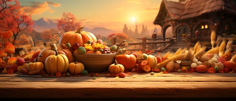 Illustration of corn cob pumpkins on wooden top, sunset and house in the background, banner with space for your own content. Blank space for caption.