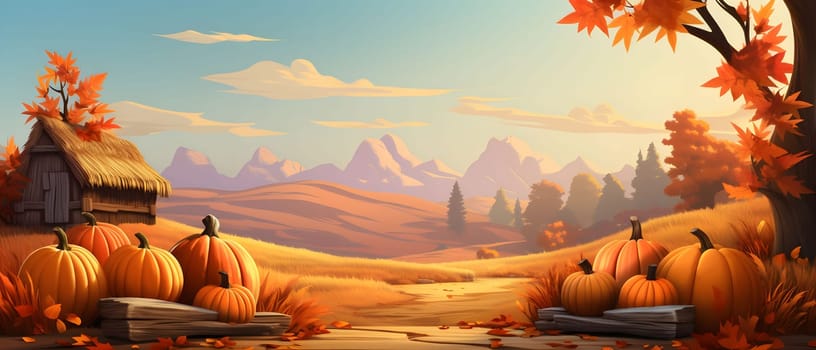 Illustration of pumpkins, leaves field and mountains in the background, banner with space for your own content. Blank space for caption.