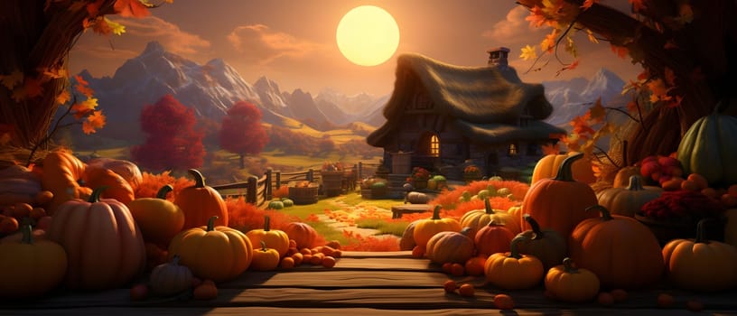 Illustration of pumpkins, leaves field and mountains in the background, banner with space for your own content. Blank space for caption.