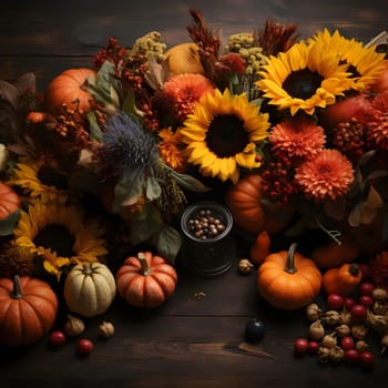 Aerial view of colorful flowers, pumpkins, harvest from the field on wooden boards. Pumpkin as a dish of thanksgiving for the harvest. An atmosphere of joy and celebration.