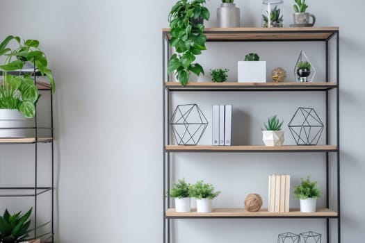 Minimalist workspace with a geometric bookshelf and potted plants