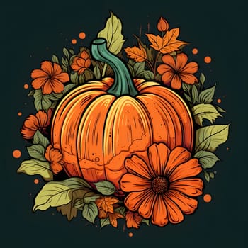 Pumpkin with flowers and leaves on a dark background. Pumpkin as a dish of thanksgiving for the harvest. An atmosphere of joy and celebration.
