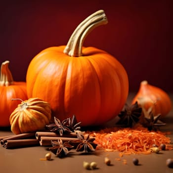 Elegantly arranged pumpkins. Around pumpkin scrapings on a dark background. Pumpkin as a dish of thanksgiving for the harvest. An atmosphere of joy and celebration.