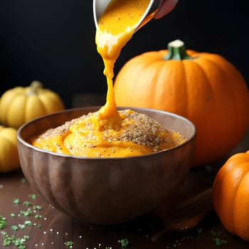 Pouring pumpkin soup into a metal platter with pumpkins in the background. Pumpkin as a dish of thanksgiving for the harvest. An atmosphere of joy and celebration.