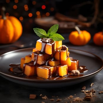 Dessert; pumpkin cubes topped with chocolate sauce and leaves between smeared background. Pumpkin as a dish of thanksgiving for the harvest. An atmosphere of joy and celebration.