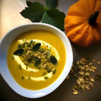 Top view of the white bowl, and in it pumpkin soup with seeds, and around the leaf and pumpkin. Pumpkin as a dish of thanksgiving for the harvest. An atmosphere of joy and celebration.
