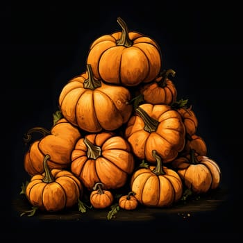Pumpkin pile on black background. Pumpkin as a dish of thanksgiving for the harvest. An atmosphere of joy and celebration.