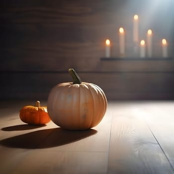 Large and small pumpkin on wooden boards, burning candles in the background, sunlight coming from above. Pumpkin as a dish of thanksgiving for the harvest. An atmosphere of joy and celebration.