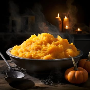 Pumpkin flesh in place around tiny pumpkins in the background burning candles. Pumpkin as a dish of thanksgiving for the harvest. An atmosphere of joy and celebration.