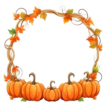 A frame embellished with pumpkins, vines and leaves against a light background forms an elegant and visually appealing composition.