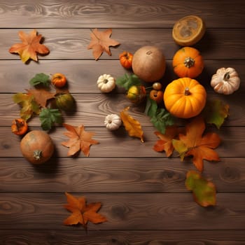 An aerial view of wooden planks, with scattered autumn leaves and pumpkins. Pumpkin as a dish of thanksgiving for the harvest. An atmosphere of joy and celebration.