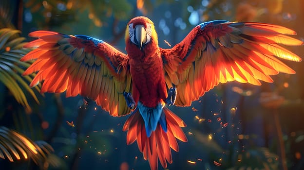 A vibrant orange Macaw bird with colorful feathers is soaring through the sky, its wings spread wide as it gracefully navigates through the air