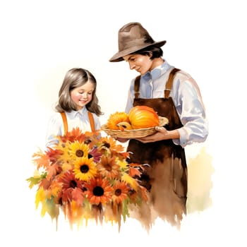 Image mother holding pumpkins and daughter with a bouquet of yellow flowers on a white background painted in paint, watercolor. Thanksgiving for the harvest. Atmosphere of joy and celebration.
