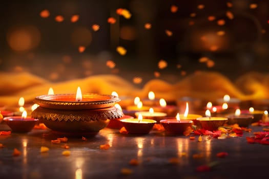 A group of small decorated burning candles on a dark background with a bokech effect. Diwali, the dipawali Indian festival of light. An atmosphere of joy and celebration.