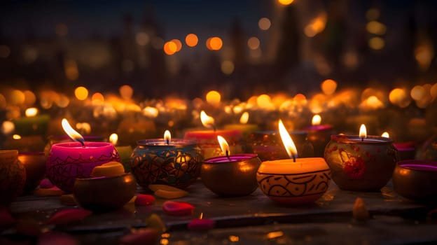 Burning colorful, decorated, elegantly candles, so much smudged flame effect bokech. Diwali, the dipawali Indian festival of light. An atmosphere of joy and celebration.