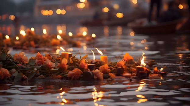 Candle lanterns floating on water. Diwali, the dipawali Indian festival of light. An atmosphere of joy and celebration.