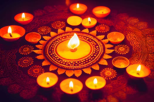 Burning candles in the shape of the Lotus flower for the festival of light. Diwali, the dipawali Indian festival of light. An atmosphere of joy and celebration.