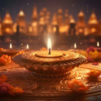 Gold Decorated Candle Adorned with flower petals in the background smudged Hindu temple. Diwali, the dipawali Indian festival of light. An atmosphere of joy and celebration.