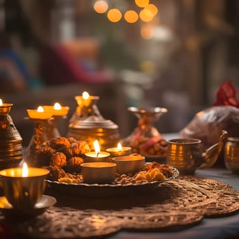 Traditional Indian meal with candles and silverware smudged background. Diwali, the dipawali Indian festival. An atmosphere of joy and celebration.