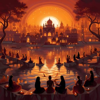 Illustration of people with candles around water reflecting the setting sun in the background Indian houses. Diwali, the dipawali Indian festival. An atmosphere of joy and celebration.