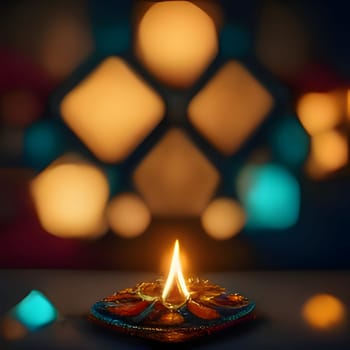 A burning small candle on a smudge of brightly colored background. Diwali, the dipawali Indian festival. An atmosphere of joy and celebration.